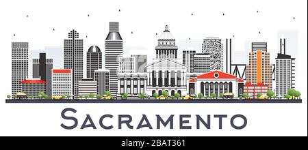 Sacramento California City Skyline avec bâtiments gris isolés sur blanc. Illustration vectorielle. Concept de voyages d'affaires et de tourisme. Illustration de Vecteur