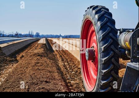 Brandebourg, Allemagne - 28 mars 2020: Vous regardez devant un tracteur sur un champ d'asperges en Allemagne. L'accent est mis sur le pneu du tracteur, le raizo Banque D'Images