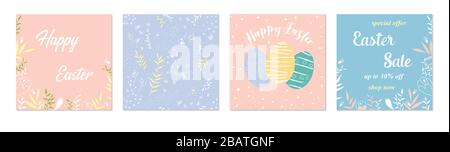 Vector Happy Easter templates carrés avec œufs, fleurs et design typographique vente de pâques, printemps sans couture modèle. Bon pour le printemps et les grands joyaux de Pâques Illustration de Vecteur
