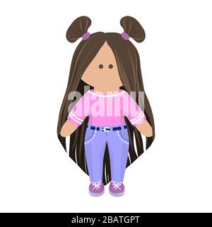 Jolie poupée fille avec cheveux longs brunette dans un t-shirt rose et un Jean bleu et des sneakers violettes. Poupée de personnage de dessin animé pour enfants en vêtements d'été Illustration de Vecteur