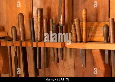 Outils de menuiserie, parc historique d'État de fort Ross, Californie Banque D'Images