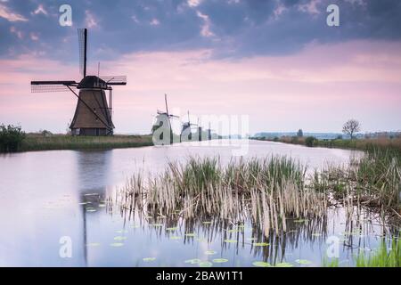 Moulins à vent néerlandais traditionnels sur le site du patrimoine mondial de l'UNESCO à Kinderdijk. Molenwaard, Hollande-Méridionale, Pays-Bas, Europe. Banque D'Images