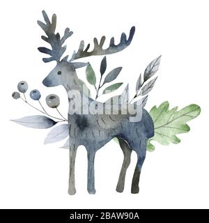 Icônes de forêt mignonne. Symboles d'aquarelle scandinave. Illustration de la décoration des bois. Graphiques de l'ensemble de faune et flore forestières. Banque D'Images