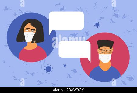 Quarantaine du coronavirus. Homme et femme dans des icônes blanches de masque médical. Les amis ou les membres de la famille dans les masques de prévention ont une distance plus grande sur medi Illustration de Vecteur