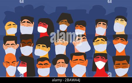 Coronavirus. Hommes et femmes dans un masque médical blanc. Caractères dans les masques de prévention. Foule de personnes protégeant contre l'infection virale. Quarantaine. PA Illustration de Vecteur