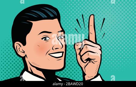 Homme d'affaires montre index vers le haut. Illustration vectorielle d'art pop rétro Illustration de Vecteur