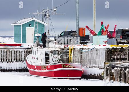 Bateaux de pêche congelés dans la glace d'hiver dans le port de Joe Batt's Arm (Terre-Neuve), Canada [aucun modèle ou mainlevée de propriété; permis rédactionnel disponible Banque D'Images