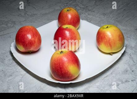 Toujours la vie avec les pommes. Pommes mûres sur une plaque. Pommes juteuses rouges et jaunes. Pommes appétissantes dans une assiette. Banque D'Images