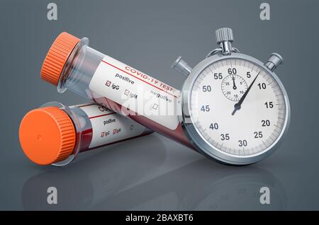 Coronavirus de test rapide, concept Covid-19. Chronomètre et tubes à essai avec échantillons de sang positifs pour Coronavirus test COVID-19 Banque D'Images