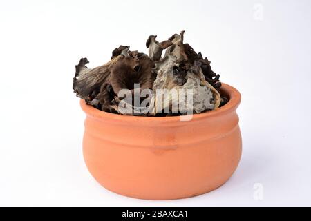 Craterellus cornucopioides séchés ou corne de beaucoup de mussoms dans un bol en argile isolé sur fond blanc Banque D'Images