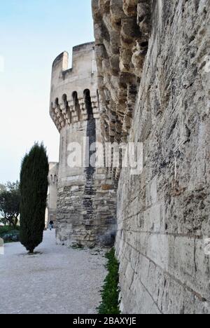 La ville d'Avignon, en France, est entourée de murs médiévaux, de fortifications et de tours défensives. Les remparts ont été construits par les papes. Banque D'Images