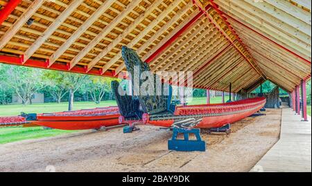 Des canoës de guerre maoris (waka taua) dans la maison de Waka dans les jardins du Traité de Waitangi, en Nouvelle-Zélande. Banque D'Images