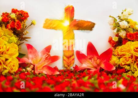 Belle Croix chrétienne colorée dans de belles fleurs de Pâques Banque D'Images