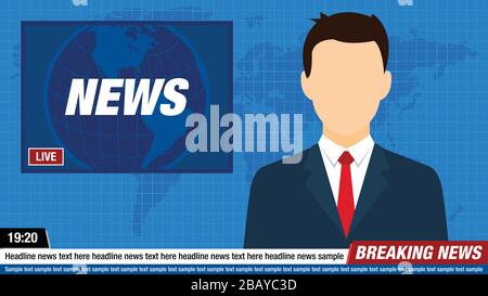 News Anchor sur TV Breaking News contexte. Illustration de Vecteur