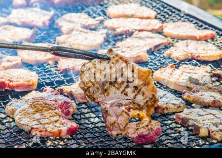 saucisses et steaks de porc cuits sur une grande baque avec des coals chauds et des herbes aromatiques Banque D'Images