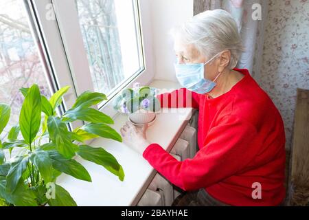 Le concept de santé, de sécurité et de pandémie du Covid-19 - une vieille femme solitaire séniée près de la fenêtre Banque D'Images
