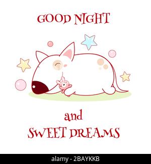 Bonne nuit et rêves doux. Chien mignon dormant avec un lapin jouet. Chiot Bull terrier de style kawaii. Isolé sur fond blanc. Vecteur EPS8 illust Illustration de Vecteur
