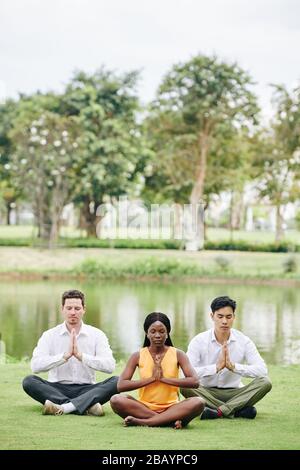 Équipe d'affaires multiethnique ayant une séance de yoga de groupe dans le parc Banque D'Images