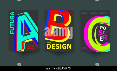 Affiches suisses avec typographie, lettres de couleur sur fond noir, design scandinave, poster vectoriel bauhaus, art moderne à la mode Illustration de Vecteur