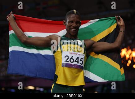 L'Union de l'Afrique du Sud Sekailwe réagit à la 3ème étape du Men's 400 m - T 38 au stade olympique de Londres Banque D'Images