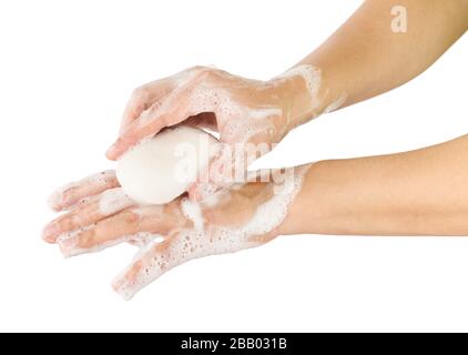 Lavage des mains avec de la mousse et du savon, isolé sur blanc, meilleure protection contre les virus Banque D'Images