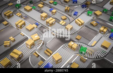 rouleaux de convoyeur avec différents types d'emballages. Concept de l'industrie de l'expédition, de la logistique et de la fabrication. rendu tridimensionnel. Banque D'Images