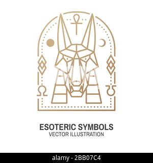 Symboles ésotériques. Illustration vectorielle. Écusson géométrique à fines lignes. Icône de contour pour l'alchimie ou la géométrie sacrée. Design mystique et magique avec dieu égyptien Anubis, étoiles, lune, soleil, planètes et signe magique Illustration de Vecteur