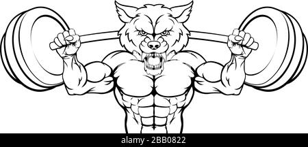 Mascotte loup Barbell levage de poids Body Builder Illustration de Vecteur