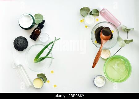 Accueil fait remède et concept de produit de beauté. Feuilles de vera d'aloès, poudre d'argile noire, feuilles d'eucalyptus, vitamine C, extrait de fleur, bouteilles avec sérums, tonics, pots de crème et de gel sur fond blanc. Le concept de soins de la peau, sa hydratation. Banque D'Images