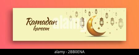 Bannière pour la préparation du Ramadan avec un design Shining Moon, lanternes et étoiles Illustration de Vecteur