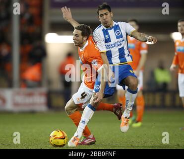 DaN Gosling de Blackpool (à gauche) et Leonardo Ulloa de Brighton et Hove Albion en action Banque D'Images