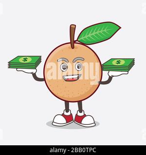 Une illustration du personnage de mascotte de dessin animé de fruits de Longan avec de l'argent sur les mains Banque D'Images