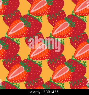 Motif vectoriel sans couture de stresberrys, illustration abstraite colorée. Baies de fraises rouges entières et coupées en tranches sur fond jaune pour les motifs Illustration de Vecteur