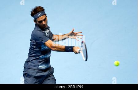 Roger Federer rivalise avec Richard Gasquet au cours du quatrième jour des finales du Barclays ATP World Tour Banque D'Images