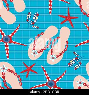 Arrière-plan à motif vectoriel transparent pour chaussures à bascule. Sandales élégantes, toile de fond de plage de poissons de mer. Rouge, rose, bleu sur le plaid. L'été chaud partout Illustration de Vecteur