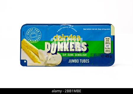 Dairylea dunkers sur fond blanc Banque D'Images