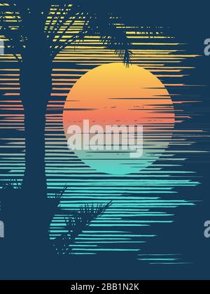 Coucher de soleil sur la plage tropicale avec palmier. Soleil sur la mer du soir. Illustration vectorielle. Illustration de Vecteur