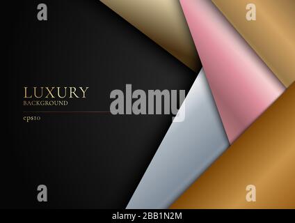 Papier abstrait doré, argent, or rose se chevauchant couche sur fond noir style moderne de luxe. Illustration vectorielle Illustration de Vecteur