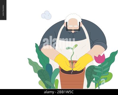 Jardinage, printemps - moderne vecteur plate illustration d'un homme âgé portant un tablier blanc et des gants jaunes plantant un germe d'avocat Illustration de Vecteur