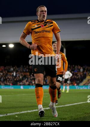 Tom Eaves de Hull City célèbre son troisième but du jeu Banque D'Images