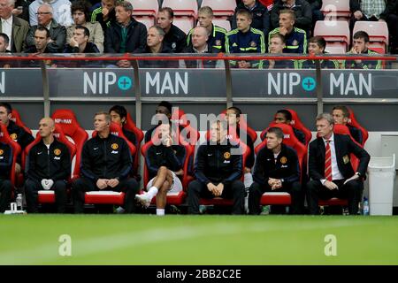 Le banc de Manchester United pendant le match de la Barclays Premier League Sunderland contre Manchester United au stade de la lumière Banque D'Images