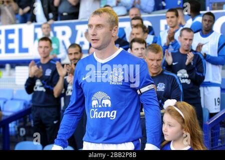 Tony Hibbert d'Everton avant son témoignage Banque D'Images