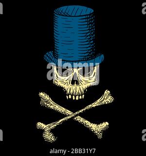 Crâne dessiné à la main d'un homme mort dans un chapeau bleu, avec des os croisés, sur un fond noir. Illustration vectorielle. Illustration de Vecteur