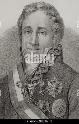 Francisco Tadeo Calomarde de Retascon y Arria (1773-1842). Homme d'État espagnol. Premier duc de Santa Isabel. Ministre de la grâce et de la Justice (1823-1833) sous le règne de Ferdinand VII Portrait, détail. Illustration de Santiago Llanta. Lithographie. Cronica général de España, Historia ilustrada y Descriptiva de sus Provincias. Aragon, 1866. Banque D'Images