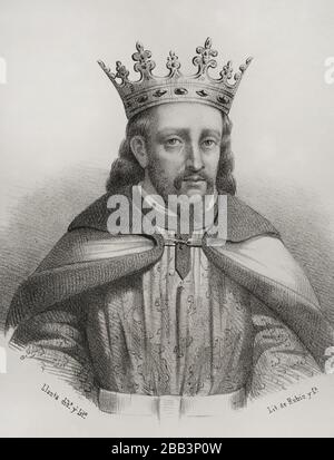 Alfonso I le Battler (1073-1134). Roi d'Aragon et de Navarre (1104-1134). Il a participé à la reconquête contre les musulmans dans la région de la vallée de l'Ebro. Portrait. Illustration de Santiago Llanta. Lithographie. Cronica général de España, Historia ilustrada y Descriptiva de sus Provincias. Aragon, 1866. Banque D'Images