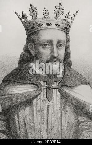 Alfonso I le Battler (1073-1134). Roi d'Aragon et de Navarre (1104-1134). Il a participé à la reconquête contre les musulmans dans la région de la vallée de l'Ebro. Portrait, détail. Illustration de Santiago Llanta. Lithographie. Cronica général de España, Historia ilustrada y Descriptiva de sus Provincias. Aragon, 1866. Banque D'Images