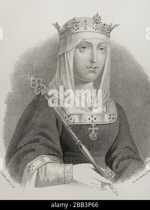 Isabella I (1451-1504). Reine de Castille (1474-1504). Reine consort d'Aragon pour son mariage avec Ferdinand II d'Aragon. Portrait. Illustration de Llanta. Lithographie. Cronica général de España, Historia ilustrada y Descriptiva de sus Provincias. Aragon, 1866. Banque D'Images