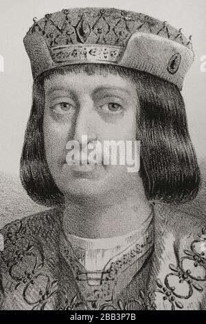 Ferdinand II a appelé le catholique (1452-1516). Roi d'Aragon et de Castille. Portrait, détail. Illustration de Llanta. Lithographie. Cronica général de España, Historia ilustrada y Descriptiva de sus Provincias. Aragon, 1866. Banque D'Images