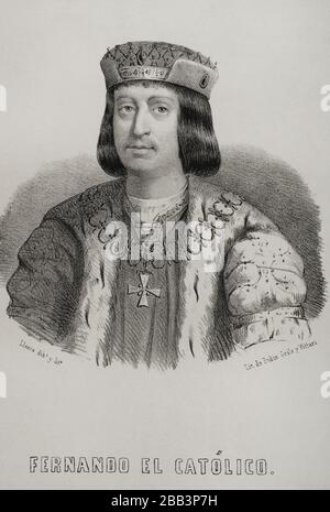 Ferdinand II a appelé le catholique (1452-1516). Roi d'Aragon et de Castille. Portrait. Illustration de Llanta. Lithographie. Cronica général de España, Historia ilustrada y Descriptiva de sus Provincias. Aragon, 1866. Banque D'Images