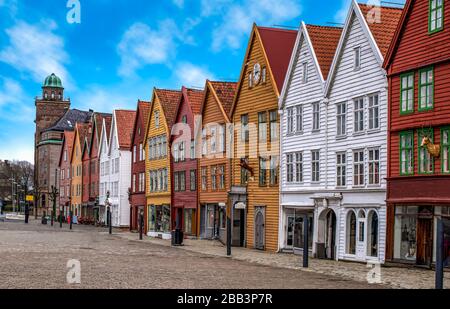 Bryggen, Bergen, Norvège. Bâtiments en bois commerciaux du patrimoine hanséatique dans la ville de Bergen. Banque D'Images